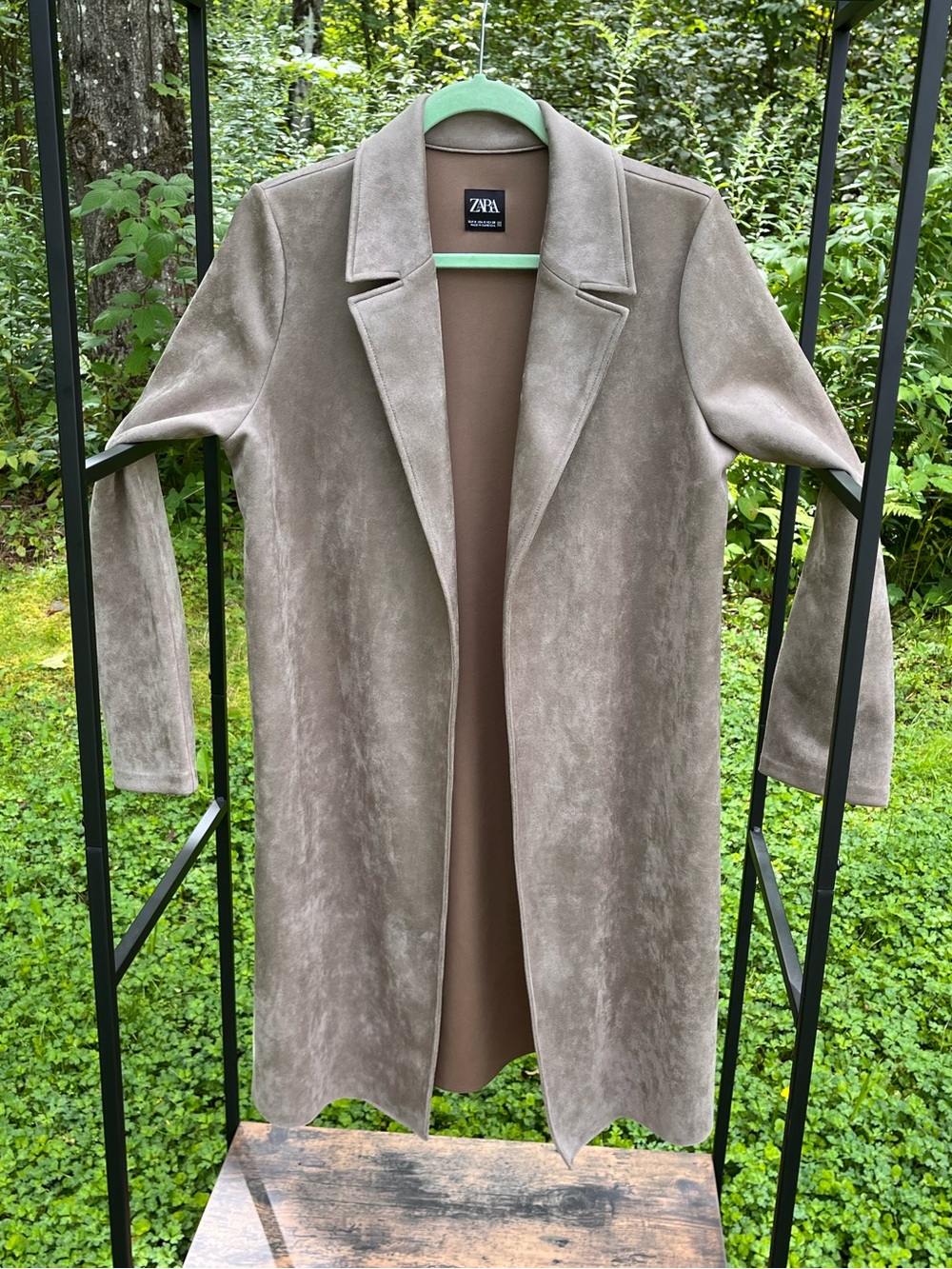 Zara Taupe Suede-Effect Open Front Trench Coat